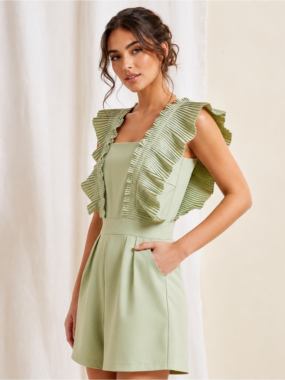 Lena Pleated Ruffle Sleeve Romper Sage Green Size M Statement Playsuit